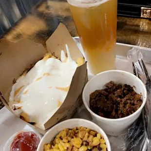 Loaded fries and Mexican corn lychee lemonade with jelly