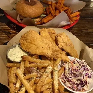 Fish and chips, and Salmon burger
