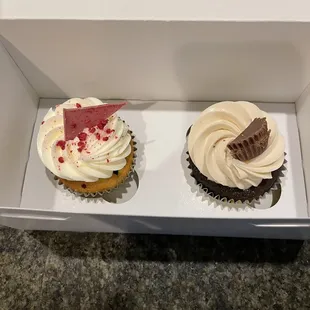 Chocolate Peanut Butter Cupcake and White Chocolate Raspberry Cupcake