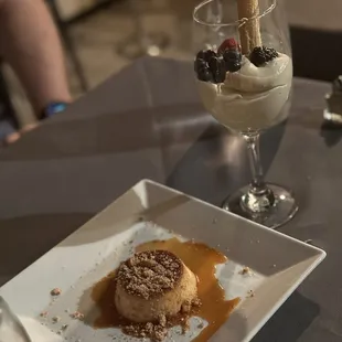 a dessert and a glass of wine