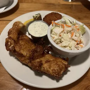 Deep fried beer battered cod with slaw &amp; croquette
