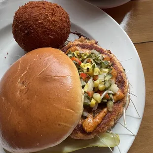 Cajun Salmon Burger and fried potato