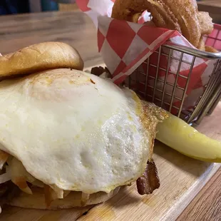 Breakfast Burger and Onion Rings