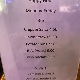 Happy Hour menu