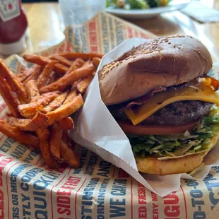 Bacon cheeseburger and sweet potato fries