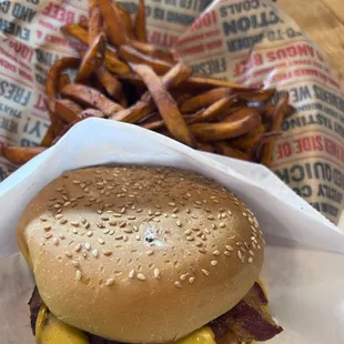 Bacon Cheeseburger with sweet potato fries