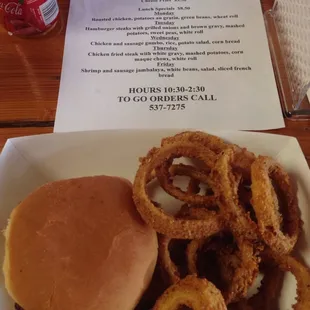Their bacon cheese burger with onion rings