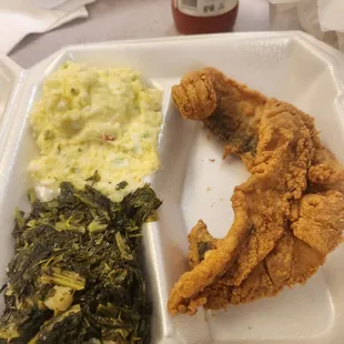 Potato Salad, fish and turnip greens