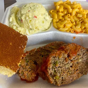 Meatloaf, Mac n cheese, and potato salad