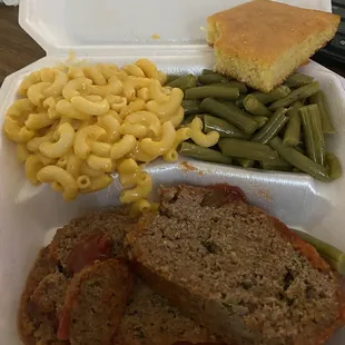 Meatloaf with Mac n cheese, string beans and corn bread.