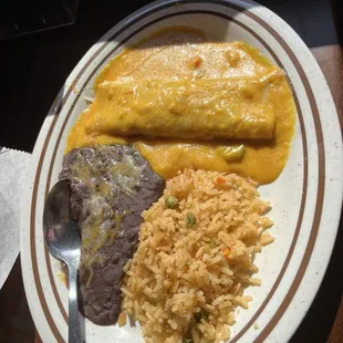 Kids cheese enchilada with rice and beans