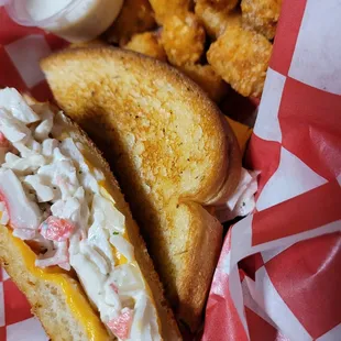 Garlic Toasted Seafood Salad Sandwich w/ Tots
