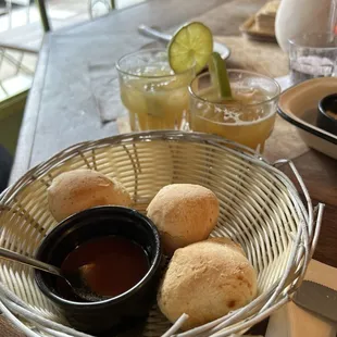Pao De Queijo (freshly baked!) and caipiroskas!