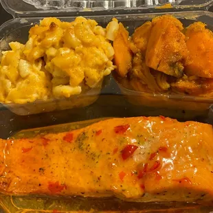 Garlic salmon and Macaroni n cheese and sweet potato
