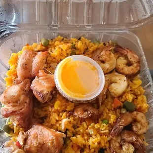 Salmon bites over shrimp fried rice. Great!