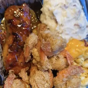 Salmon and mash and Mac and cheese with a side order of fried shrimp