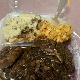 Ox tails, mash potatoes, and Mac and cheese