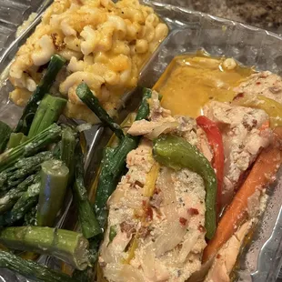 Salmon, string beans macaroni and cheese.