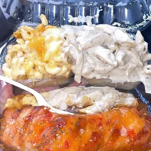 Salmon,  rasta pasta, Mac &amp; Cheese