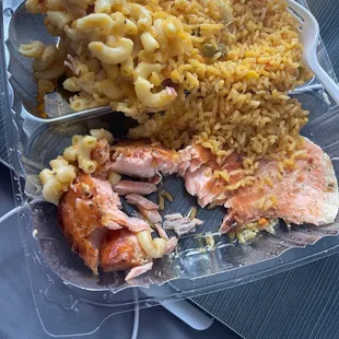 Grilled salmon, mac and cheese and yellow rice