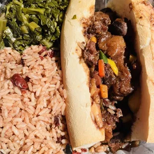 Oxtail Philly cheesesteak with beans and rice and collard greens