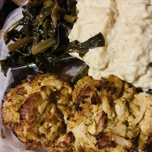 Crab cake, collard greens and potato salad