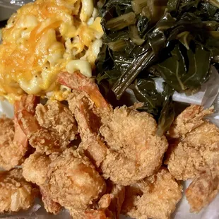 Fried shrimp with collard greens and mac and cheese
