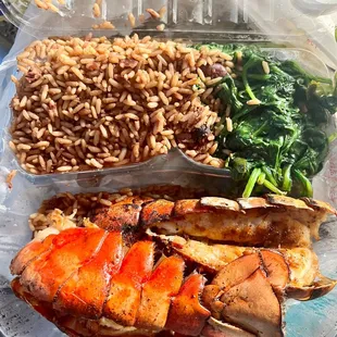 Twin Lobster Tail with Rice and Peas &amp; Sauteed Spinach