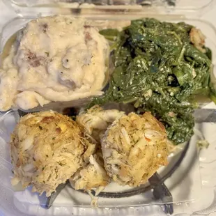 Crab Cakes,Mashed Potato and Sauteed Spinach