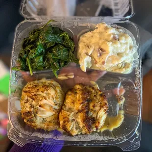 Crab Cakes with Mashed Potatoes &amp; Sauteed Spinach