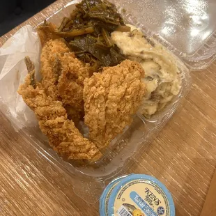 Whiting, mash potatoes and collard greens