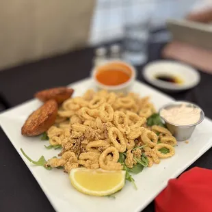 Calamari and Crab cakes, Calamari is pretty good.