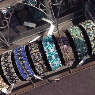 Hand beaded seed bead cuff bracelets.