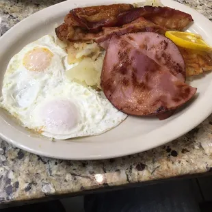 Chefs special.  Two eggs, bacon, sausage, ham, homefries, and toast.