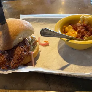 Nashville Hot sandwich with bacon mac and cheese!