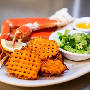 crab legs, waffle waffles, broccoli, and a side of broccoli