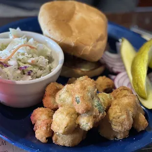 Chopped brisket sandwich with coleslaw and fried okra