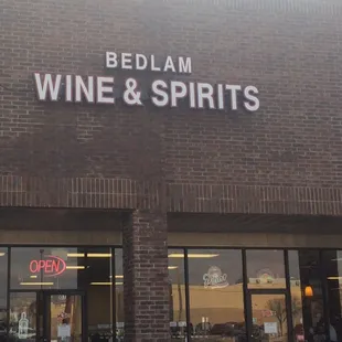 the entrance to bedlam wine and spirits