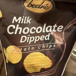 a bag of chocolate dipped potato chips