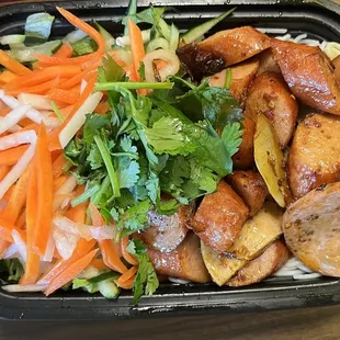 Salad noodle bowl with Bee Banhmi signature protein (pork sausage and pork patty)