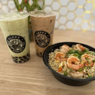 Pandan MUng Bean with Boba, classics with boba and  crunchy fried rice