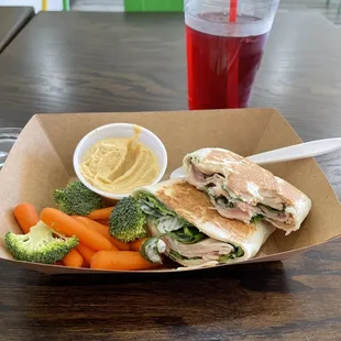 I had already eaten the celery and a few bites of the wrap but everything was wonderful. The raspberry hibiscus tea was made fresh. Yum!