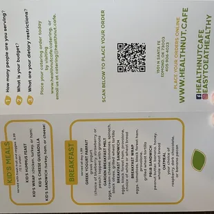 Kids menu and catering details