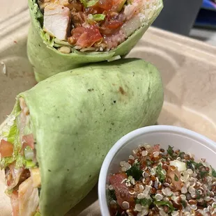 Pecan Chicken in a spinach wrap with a side of Quinoa Tabuli