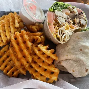 Chicken Bacon Ranch Wrap with waffle fries