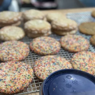 a tray of cookies and a cup of coffee
