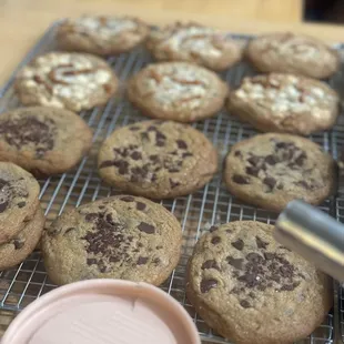 chocolate chip cookies cooling on a wire rack