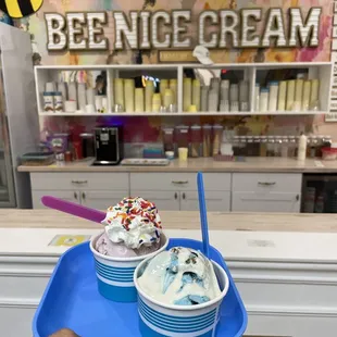 a person holding a tray of ice cream