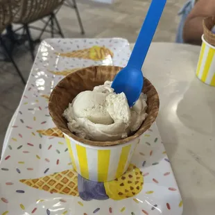 Vanilla bean ice cream in a waffle bowl.