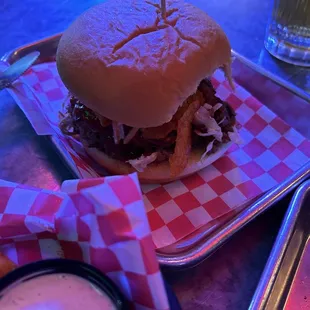 a burger and onion rings